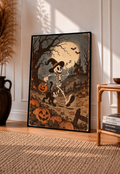 Halloween framed print poster with dancing skeleton holding a broom, pumpkins and moonlit path