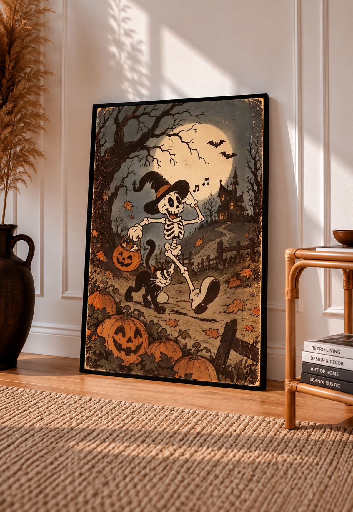 Halloween framed print poster with dancing skeleton holding a broom, pumpkins and moonlit path