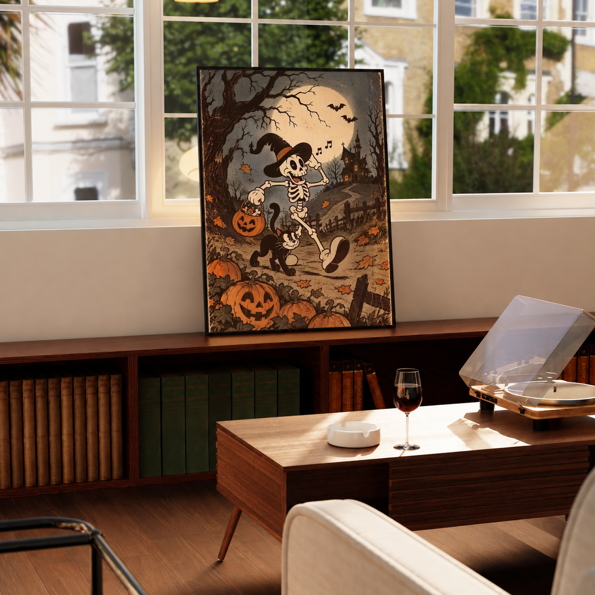 Halloween framed wall art with dancing skeleton, jack-o’-lantern pumpkins, and moon in the sky