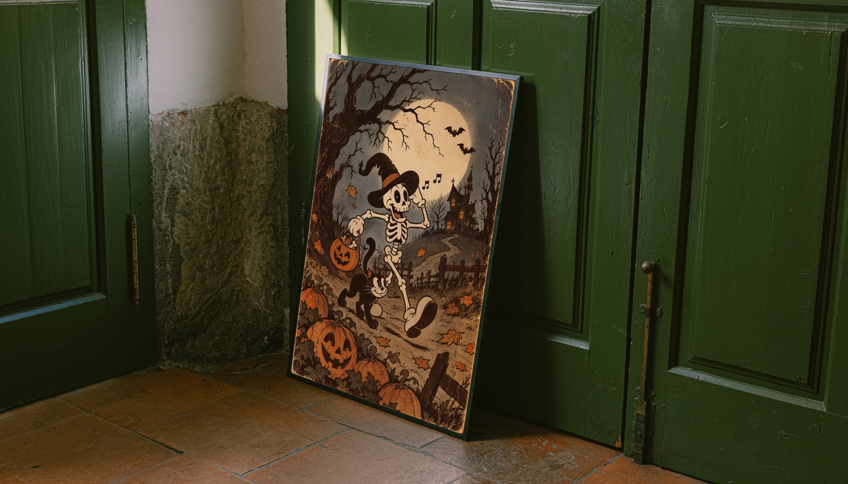Halloween poster with dancing skeleton and pumpkin faces near a full moon, shown against green doors
