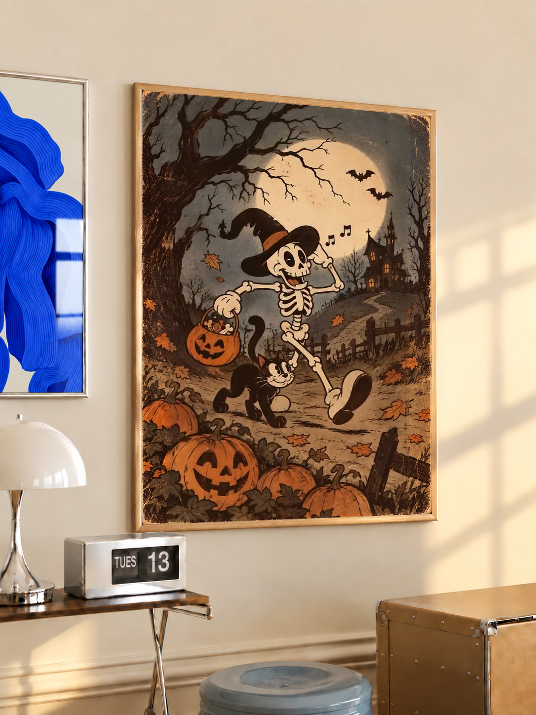 Halloween wall poster with dancing skeleton and pumpkins under a glowing moon, in light wood frame