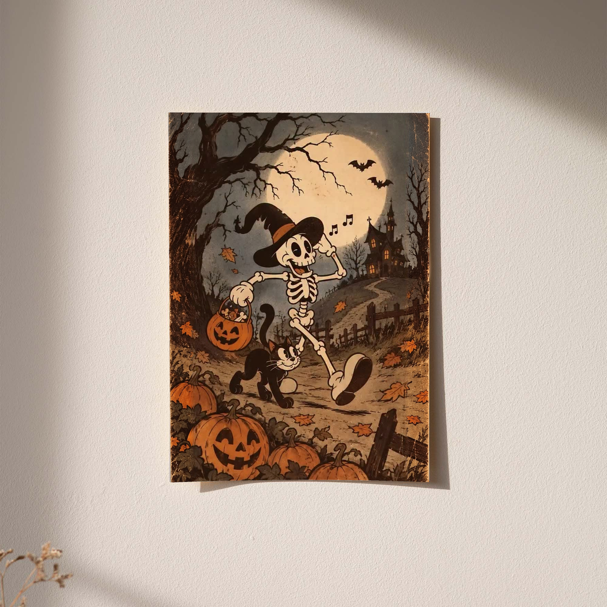 Halloween framed print of a dancing skeleton holding a broom, pumpkins and bats at night
