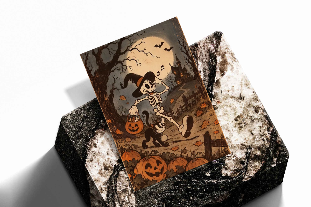 Halloween unframed poster with dancing skeleton holding a broom, pumpkins and moonlit scene