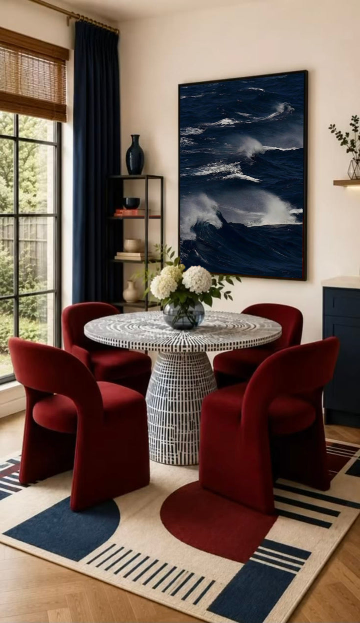 Black-framed ocean waves wall art with white crests over dark blue water