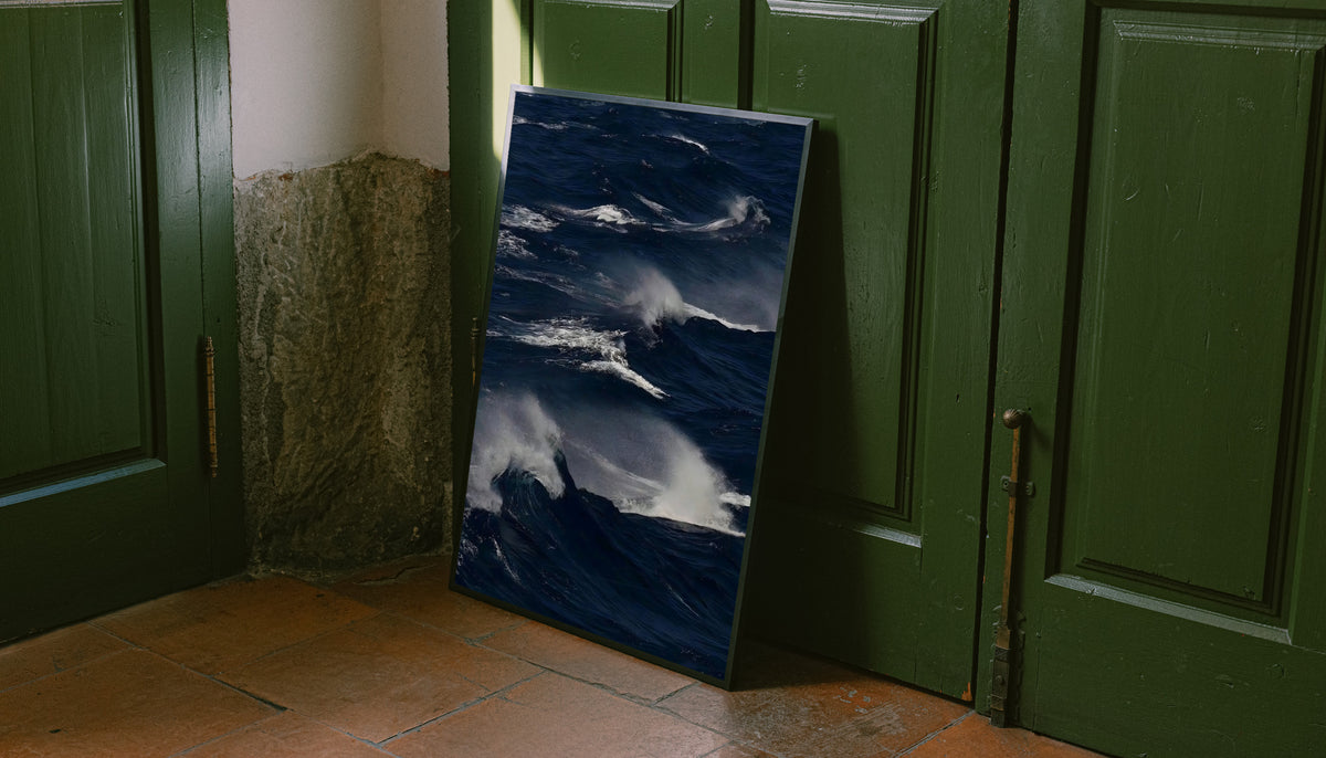 Gold-framed ocean waves wall art with white crests and smoky gray swells
