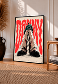 Framed fashion figure typography poster with red flame pattern, black frame