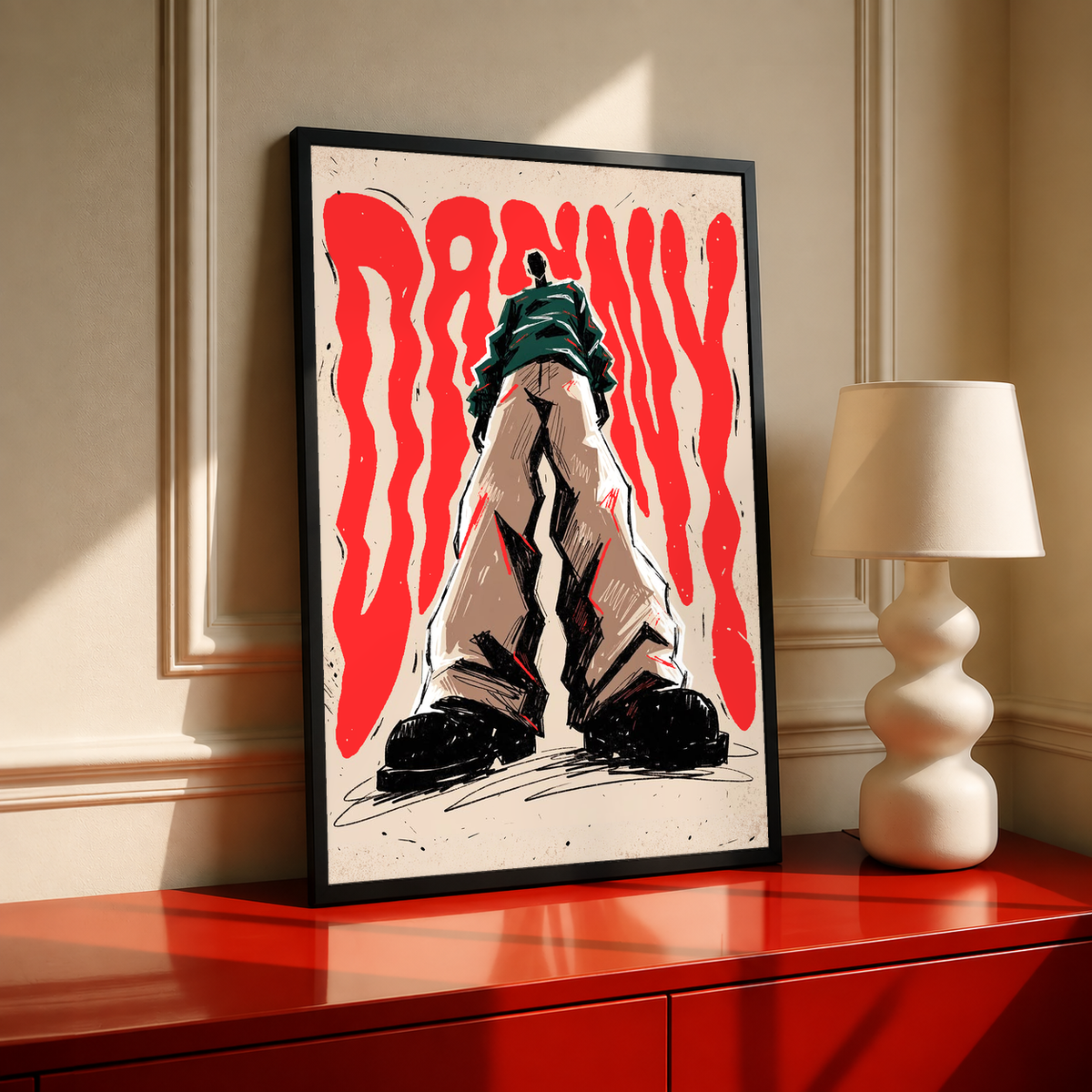 Framed fashion figure typography poster with red flame backdrop, black frame