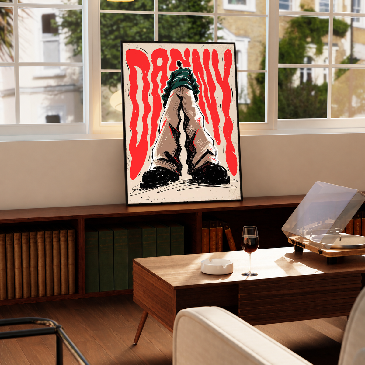 Framed fashion figure typography poster with red flame design and cream border