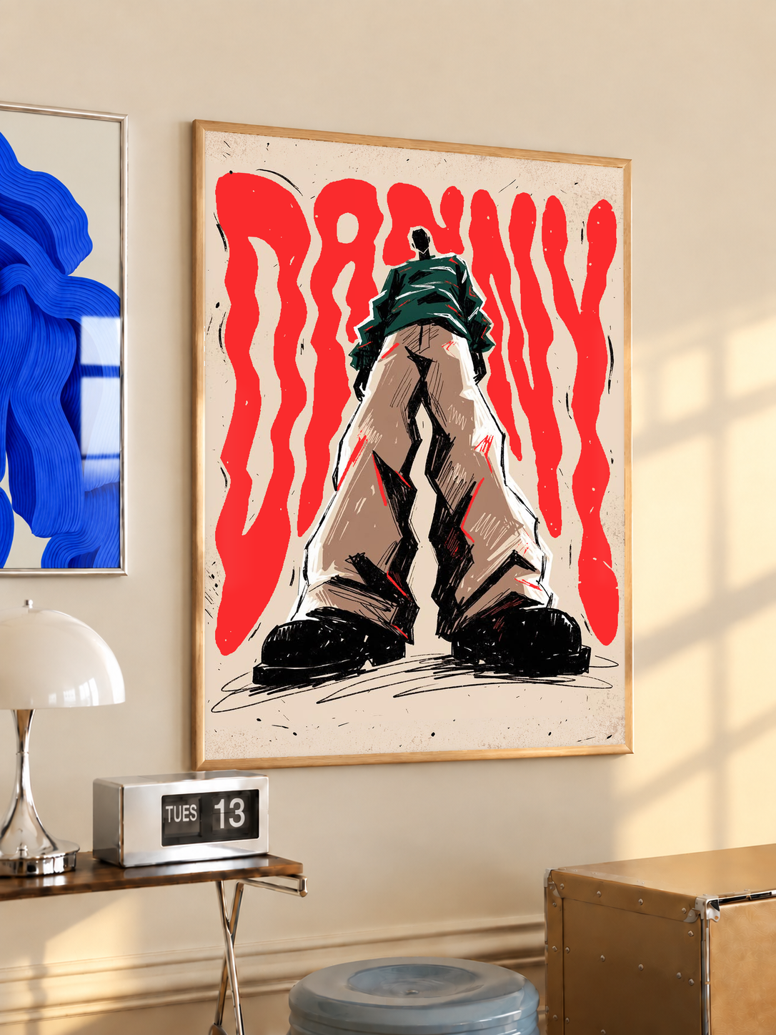 Wood-framed fashion figure typography poster with red flame design on cream