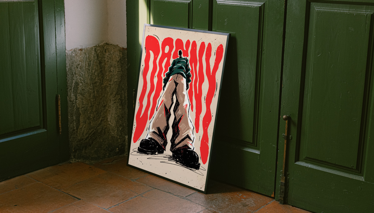 Framed fashion figure typography poster with red flame artwork, black frame