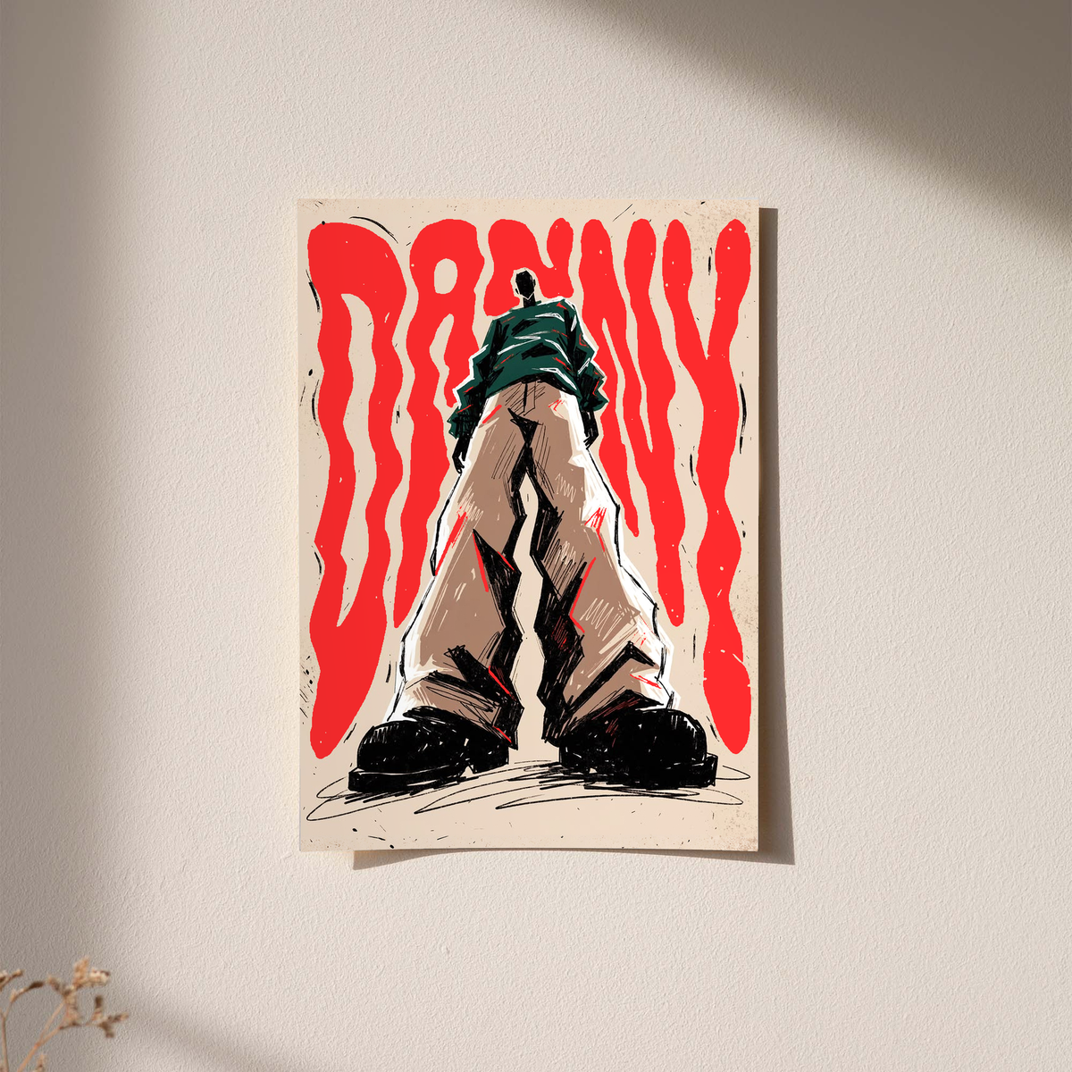 Wood-framed fashion figure typography poster with red flame artwork on cream