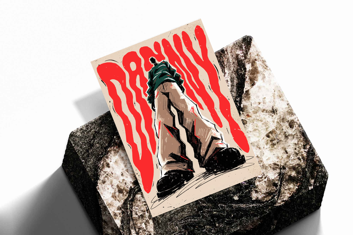 Fashion figure typography poster with red flame design on cream, no frame shown
