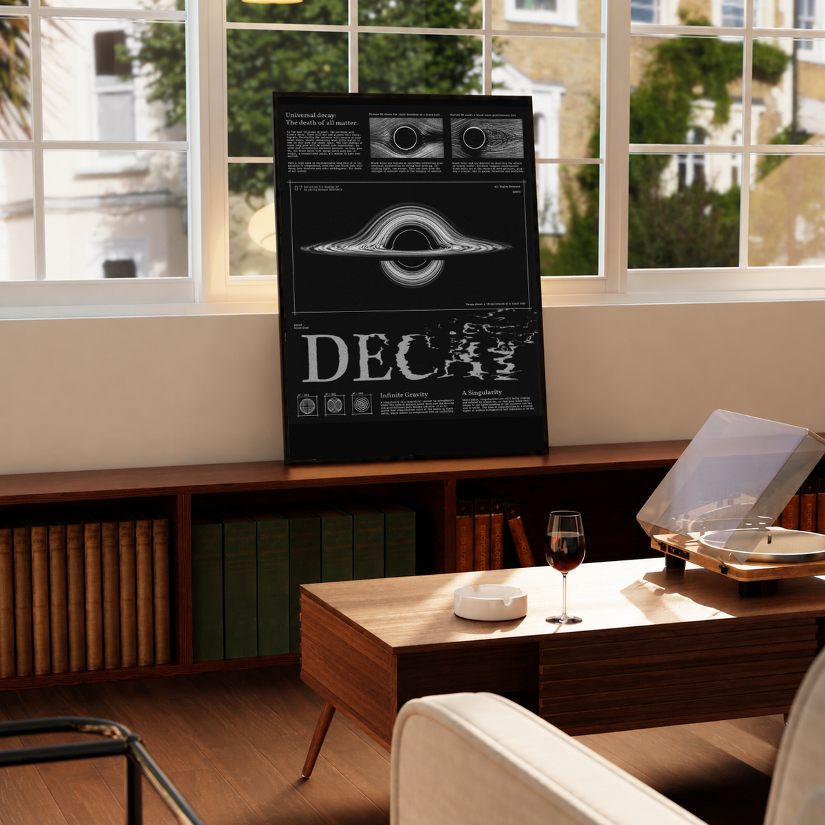 Black monochrome decay black hole diagram poster with ring and text