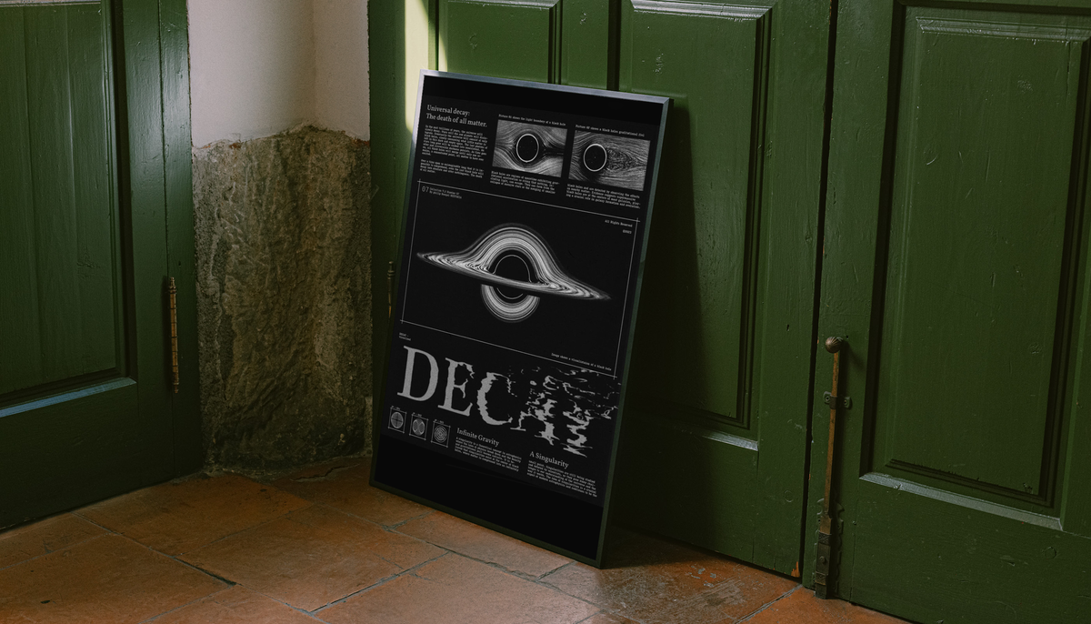 Decay Black Hole Diagram Poster shown as a canvas leaning beside green panels on a wooden floor.