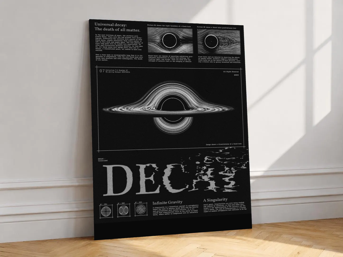 Canvas artwork depicting DECAY typography and black-hole gravitational diagrams, leaning against a white wall in angled sunlight.