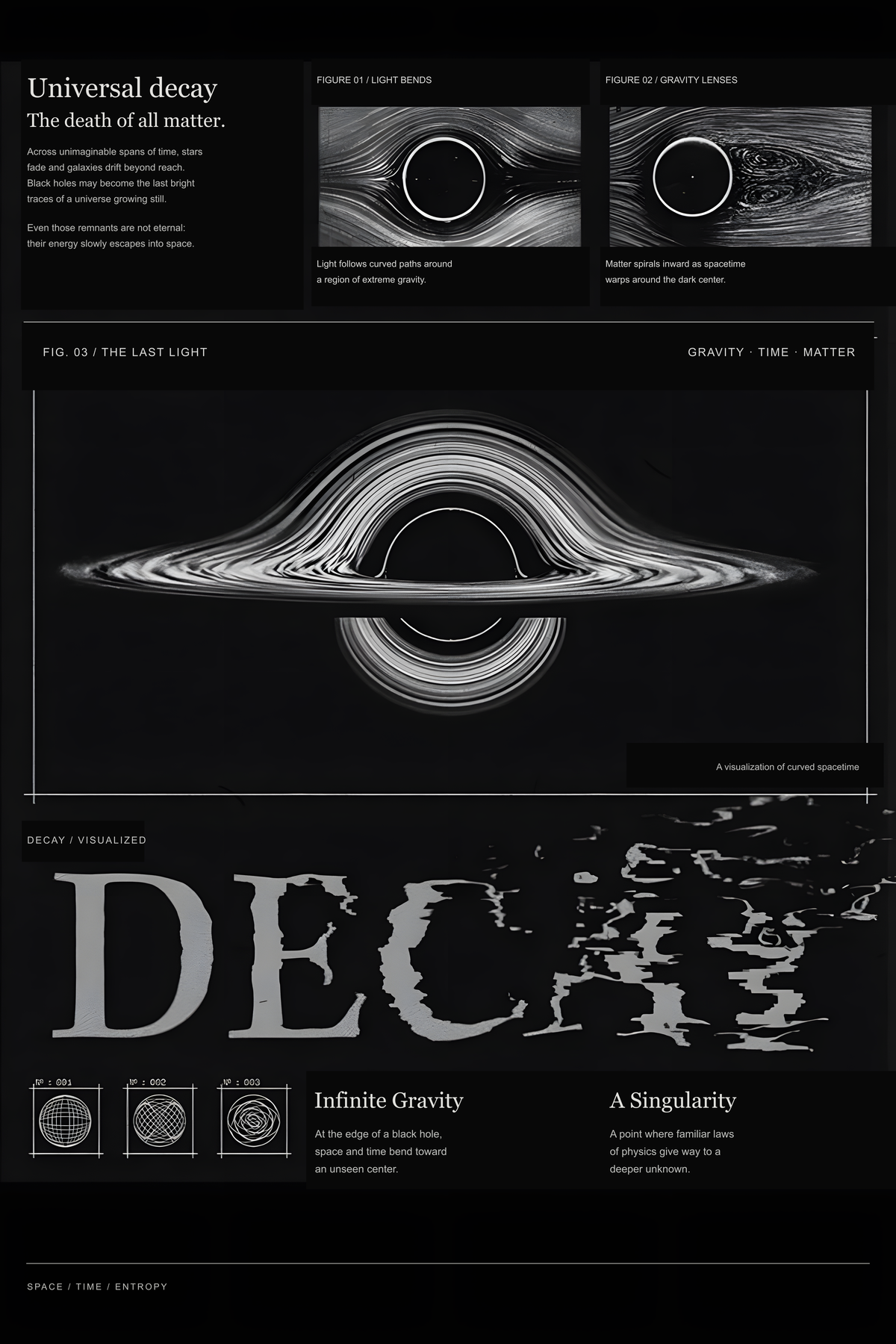 Decay typography and black-hole gravitational diagrams in black, white, gray with Universal decay lettering.