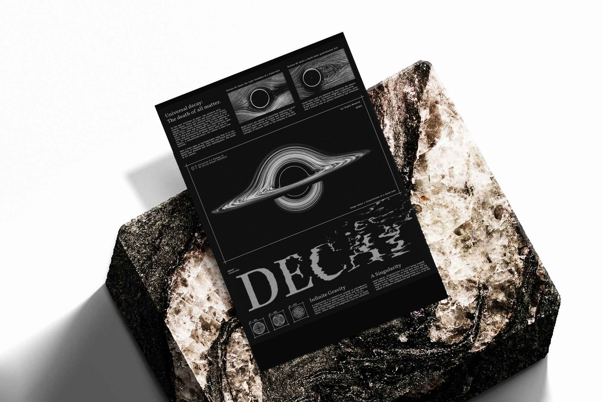 Unframed artwork depicting DECAY typography and black-hole gravitational diagrams, presented diagonally on rough stone.