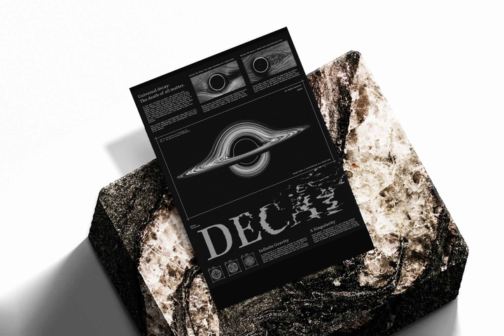 Unframed artwork depicting DECAY typography and black-hole gravitational diagrams, presented diagonally on rough stone.