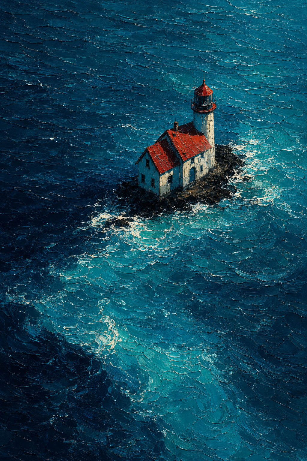 Deep blue seascape artwork with a small lighthouse and red accent