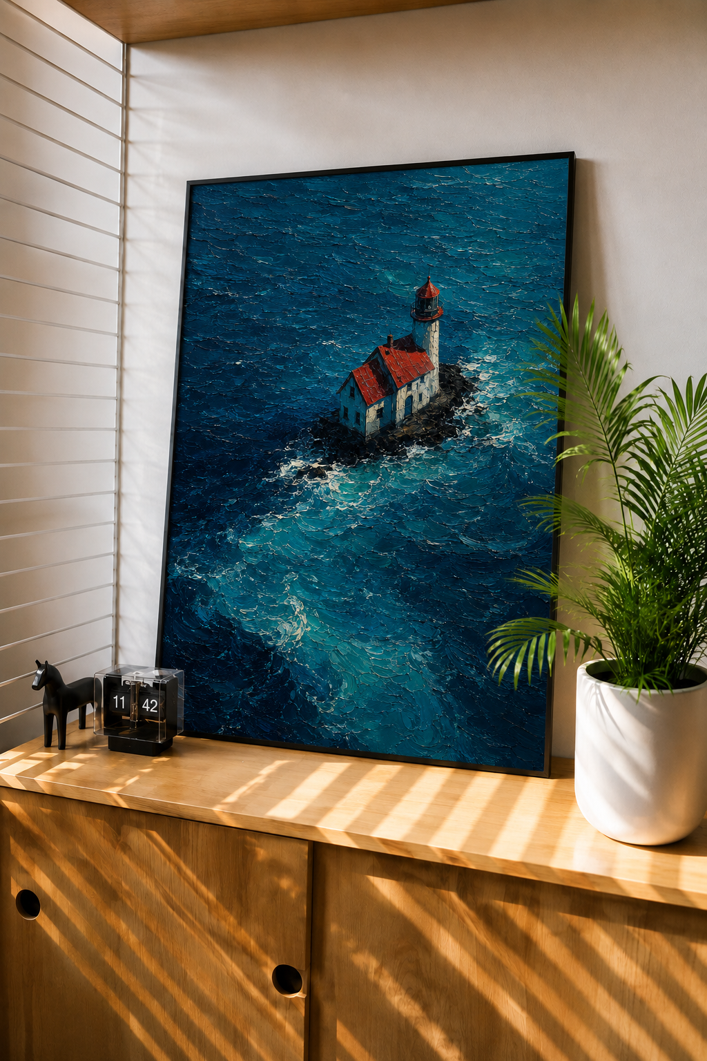Deep blue lighthouse seascape art print in a modern room