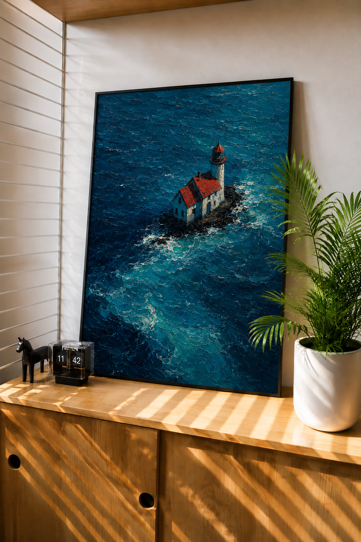 Deep blue lighthouse seascape art print in a modern room
