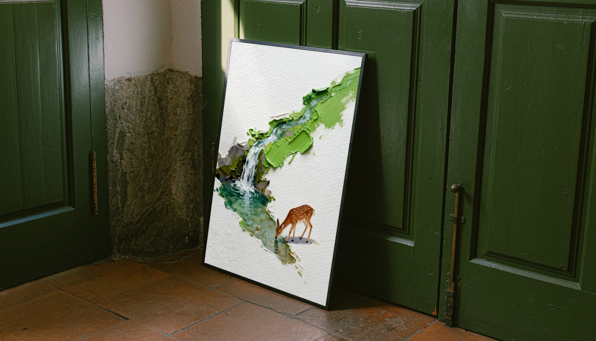 A small deer drinking beside a turquoise stream and waterfall under bright green foliage leaning on the floor against dark green wall panelling