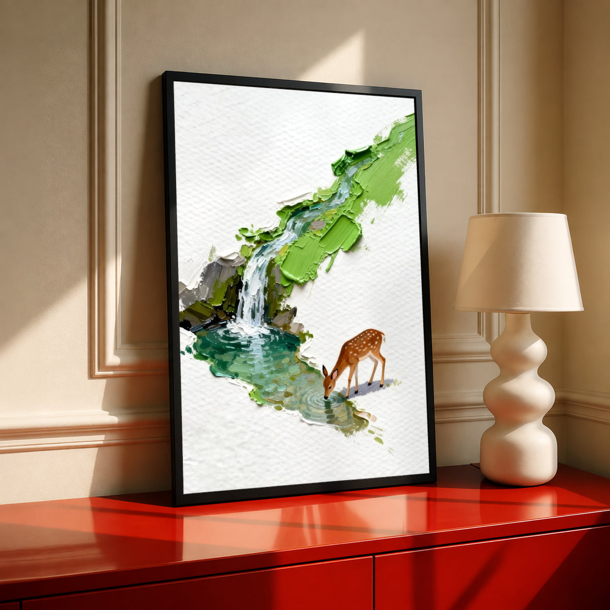 A small deer drinking beside a turquoise stream and waterfall under bright green foliage in a black frame on a red console beside a sculptural cream lamp