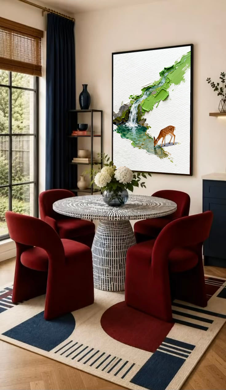 Black-framed deer and waterfall nature print with green stream artwork