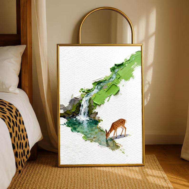 A small deer drinking beside a turquoise stream and waterfall under bright green foliage in a gold-tone styling frame leaning beside a bedroom mirror