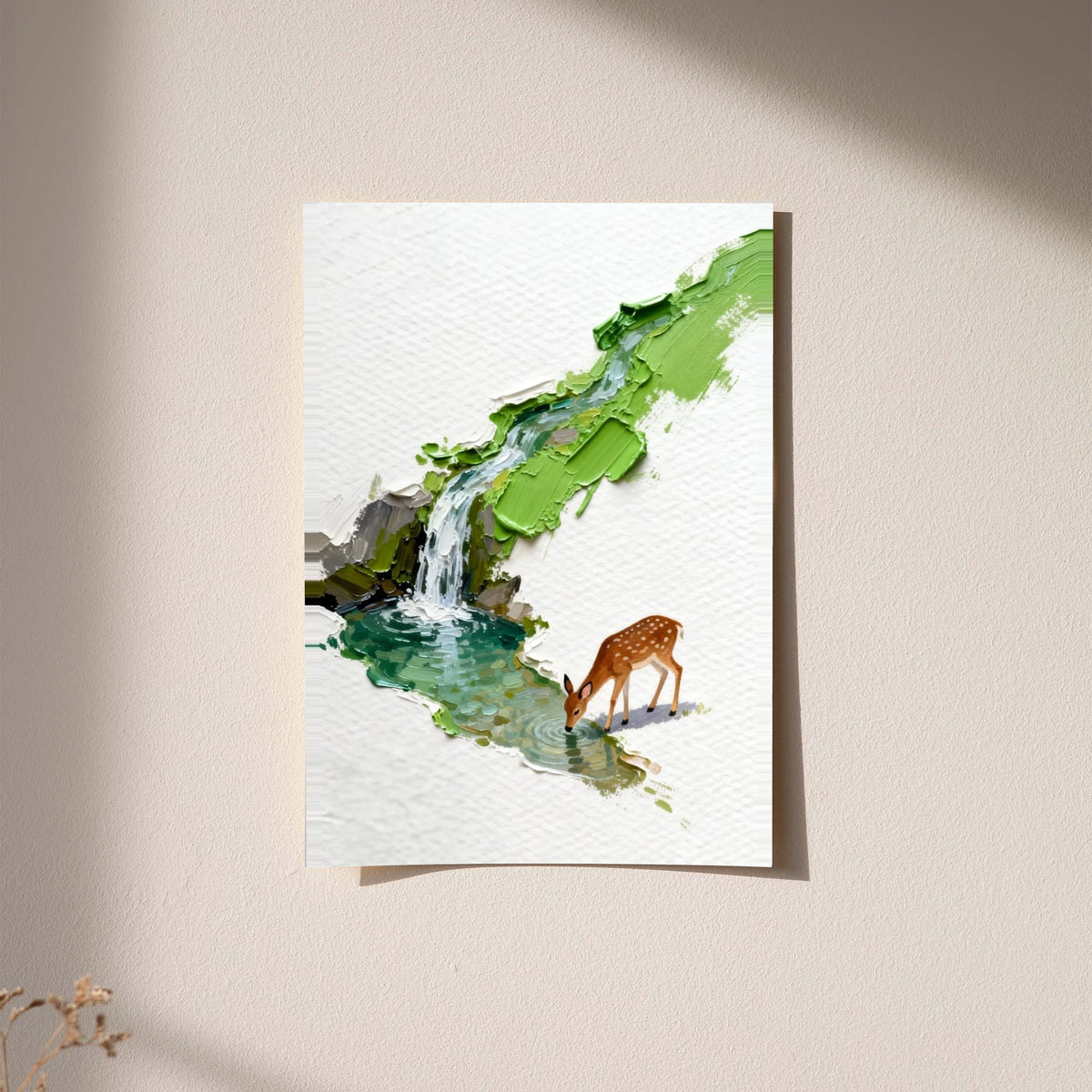A small deer drinking beside a turquoise stream and waterfall under bright green foliage displayed without a visible frame on a softly lit pale wall