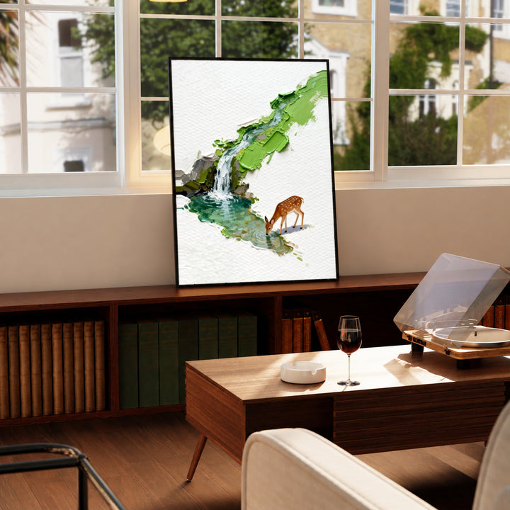 A small deer drinking beside a turquoise stream and waterfall under bright green foliage in a black display frame on a wooden console beside a sunlit window