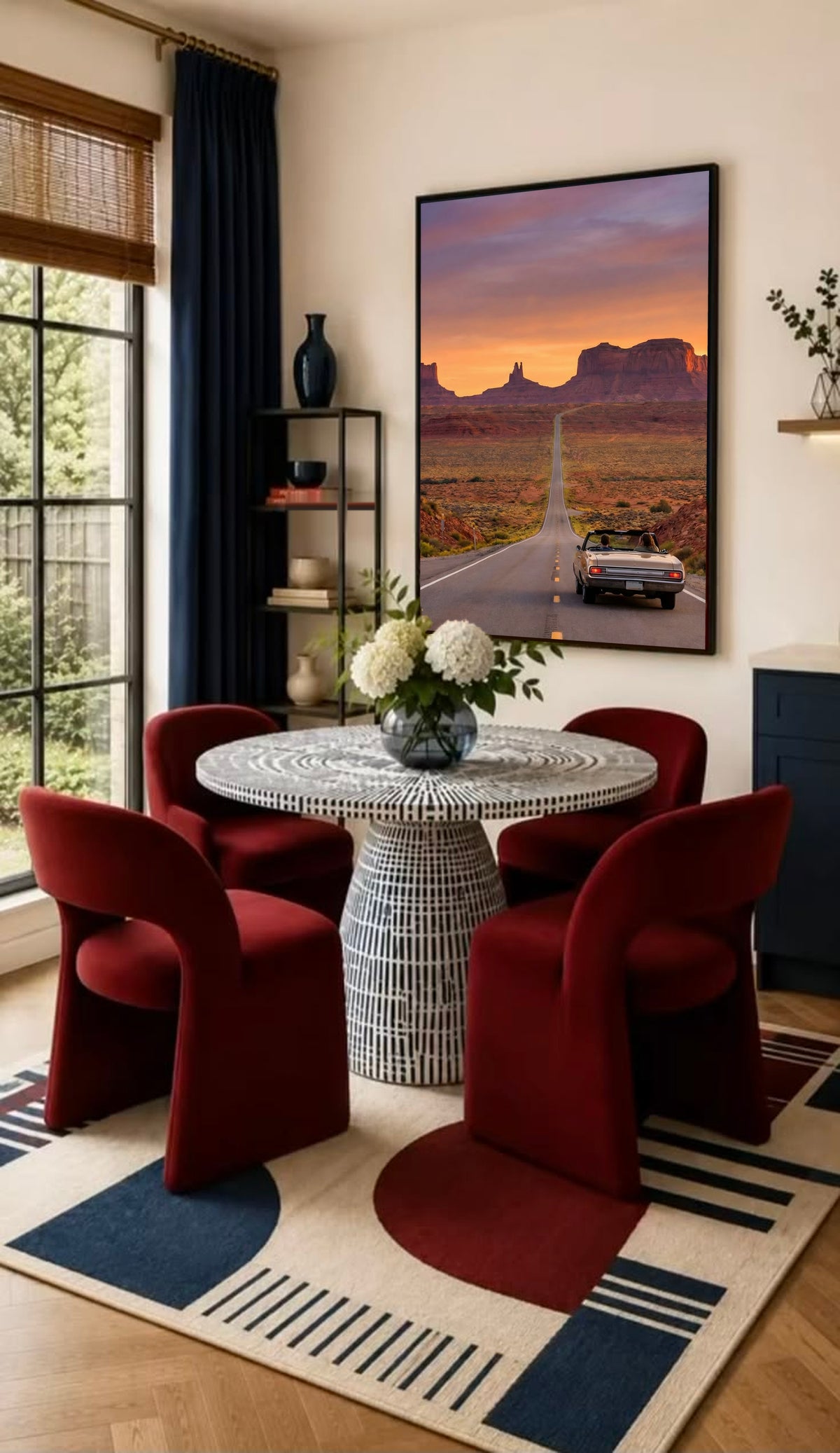 Wall-hung desert road poster with black frame showing convertible car on highway