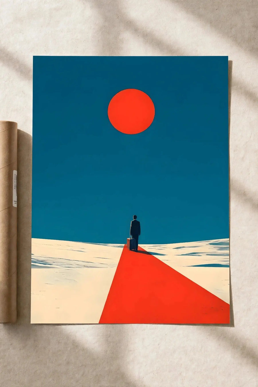 Abstract art poster print with teal sky, red circle, and geometric red triangle