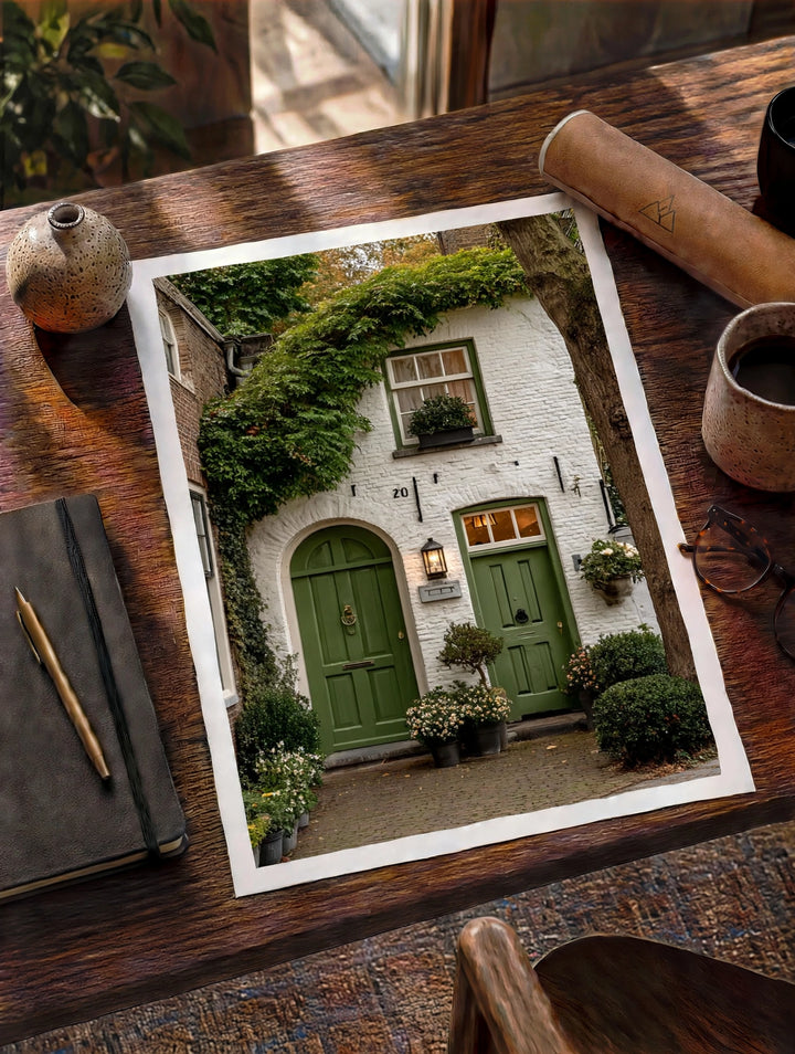 Ivy Floral Cottage Print capturing a storybook home framed by cascading ivy, leafy vines, and warm countryside charm.