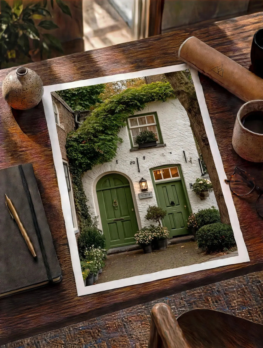 Floral cottage print in white border, shown on a wooden table with green doors