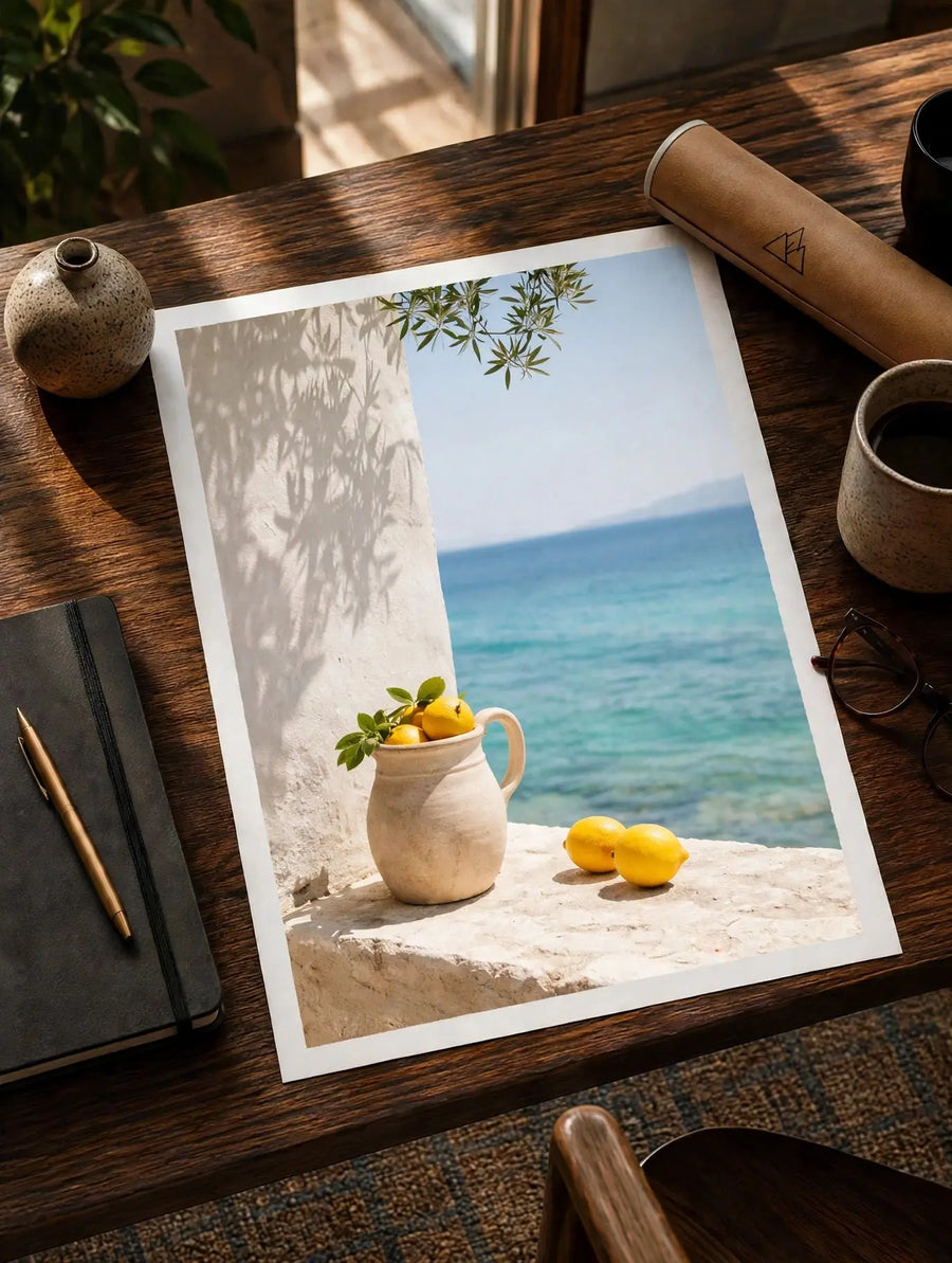 Mediterranean sea view wall print on wooden table with vase and blue sea