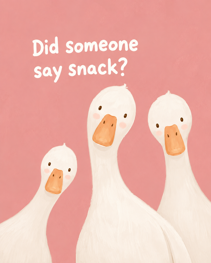 Goose wall art with three white geese, orange beaks, and "Did someone say snack?" text