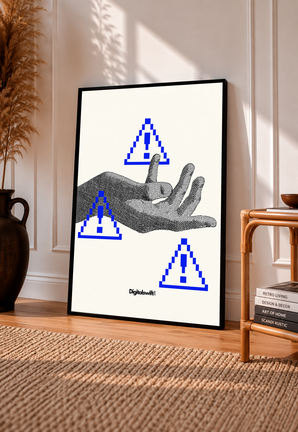 A monochrome halftone hand surrounded by three blue pixel warning triangles in a black frame leaning on a sunlit floor beside a rattan chair