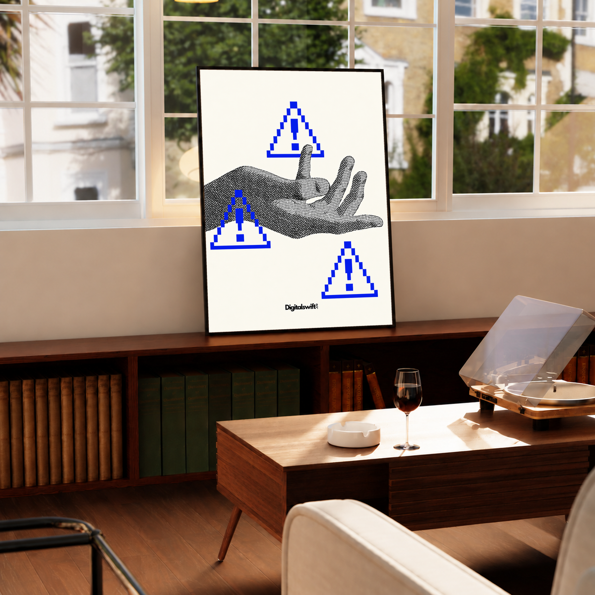 A monochrome halftone hand surrounded by three blue pixel warning triangles in a black frame by a bright window above a record player