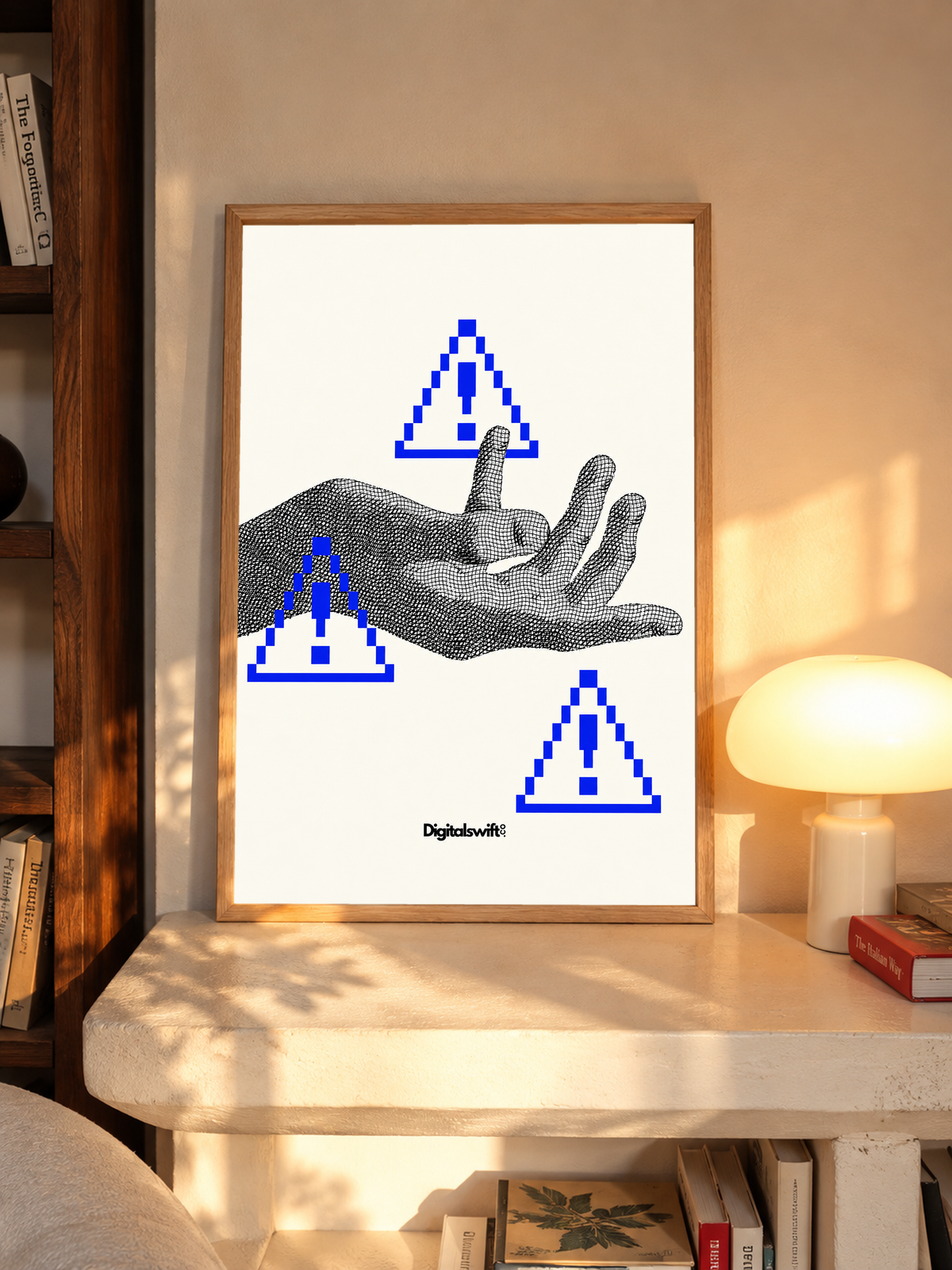 A monochrome halftone hand surrounded by three blue pixel warning triangles in an oak frame above a pale wooden sideboard beside a glowing lamp