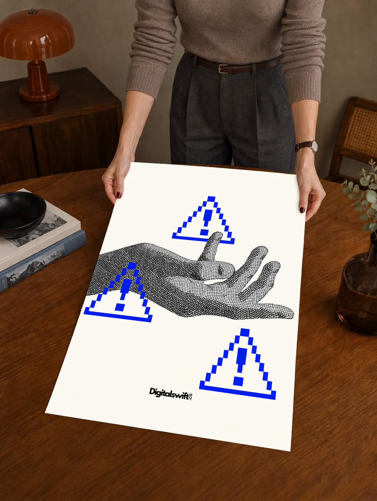 A monochrome halftone hand surrounded by three blue pixel warning triangles as a large unframed poster held above a wooden desk