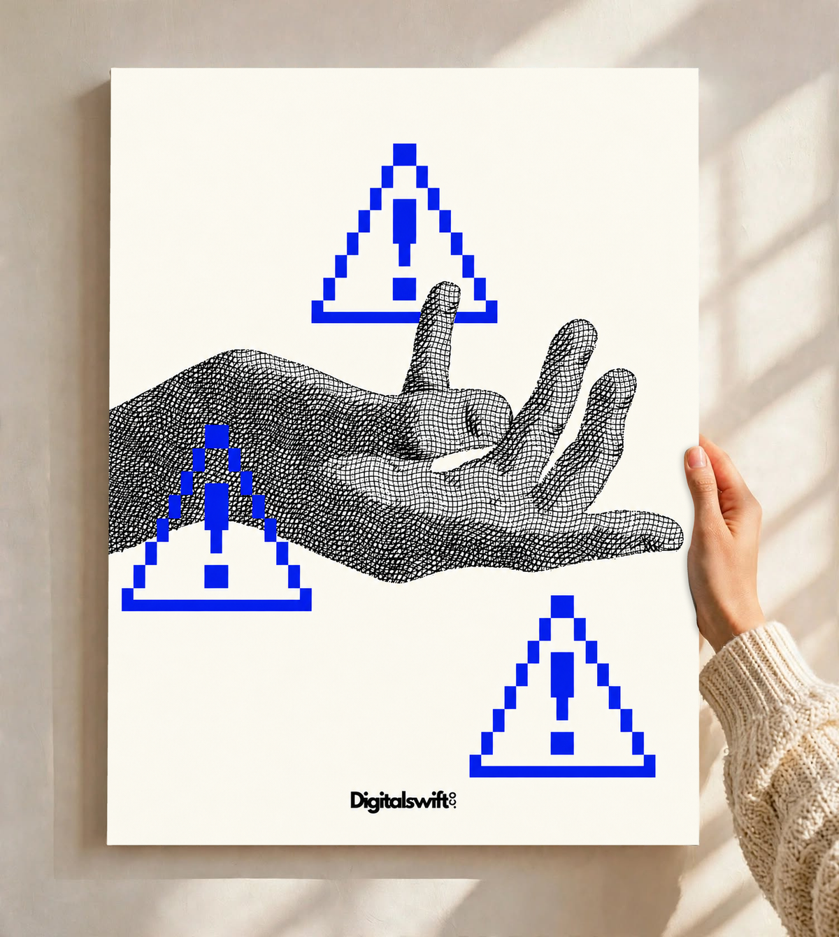 A monochrome halftone hand surrounded by three blue pixel warning triangles as an unframed poster held against a pale sunlit wall