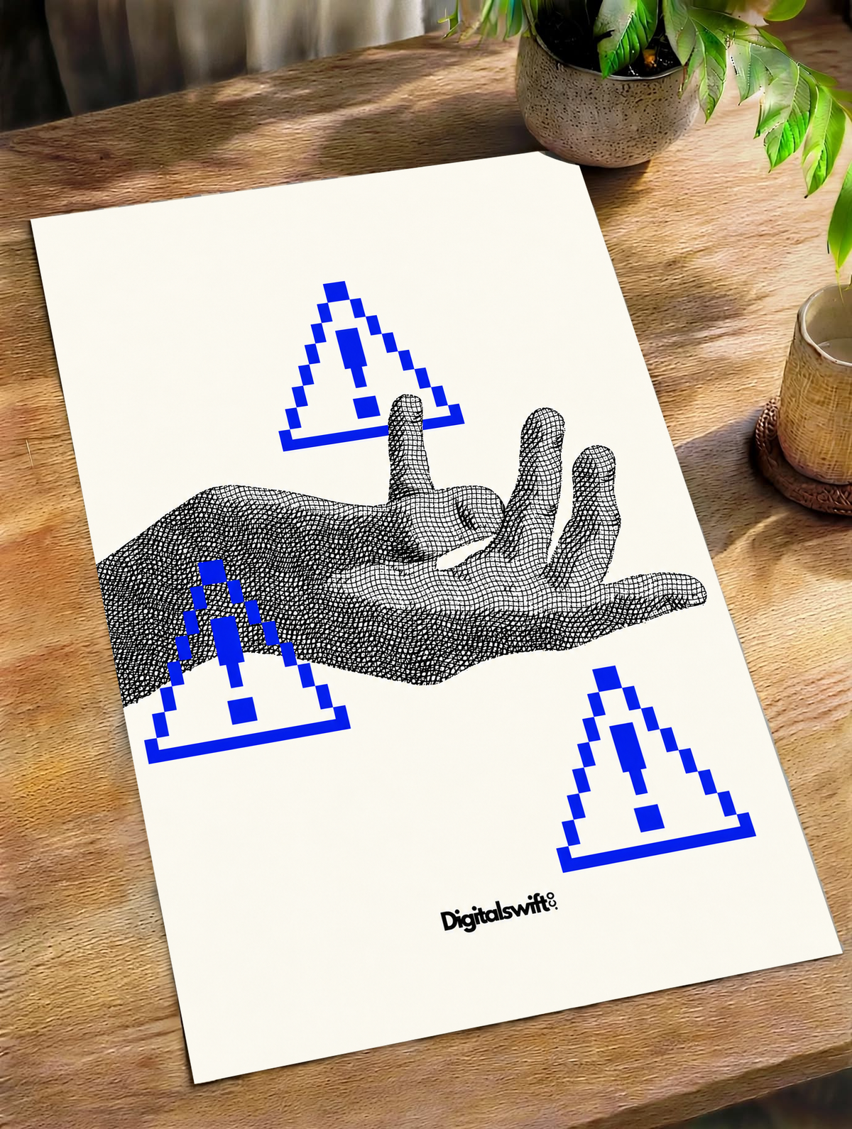A monochrome halftone hand surrounded by three blue pixel warning triangles as an unframed poster lying on a wooden table beside a plant