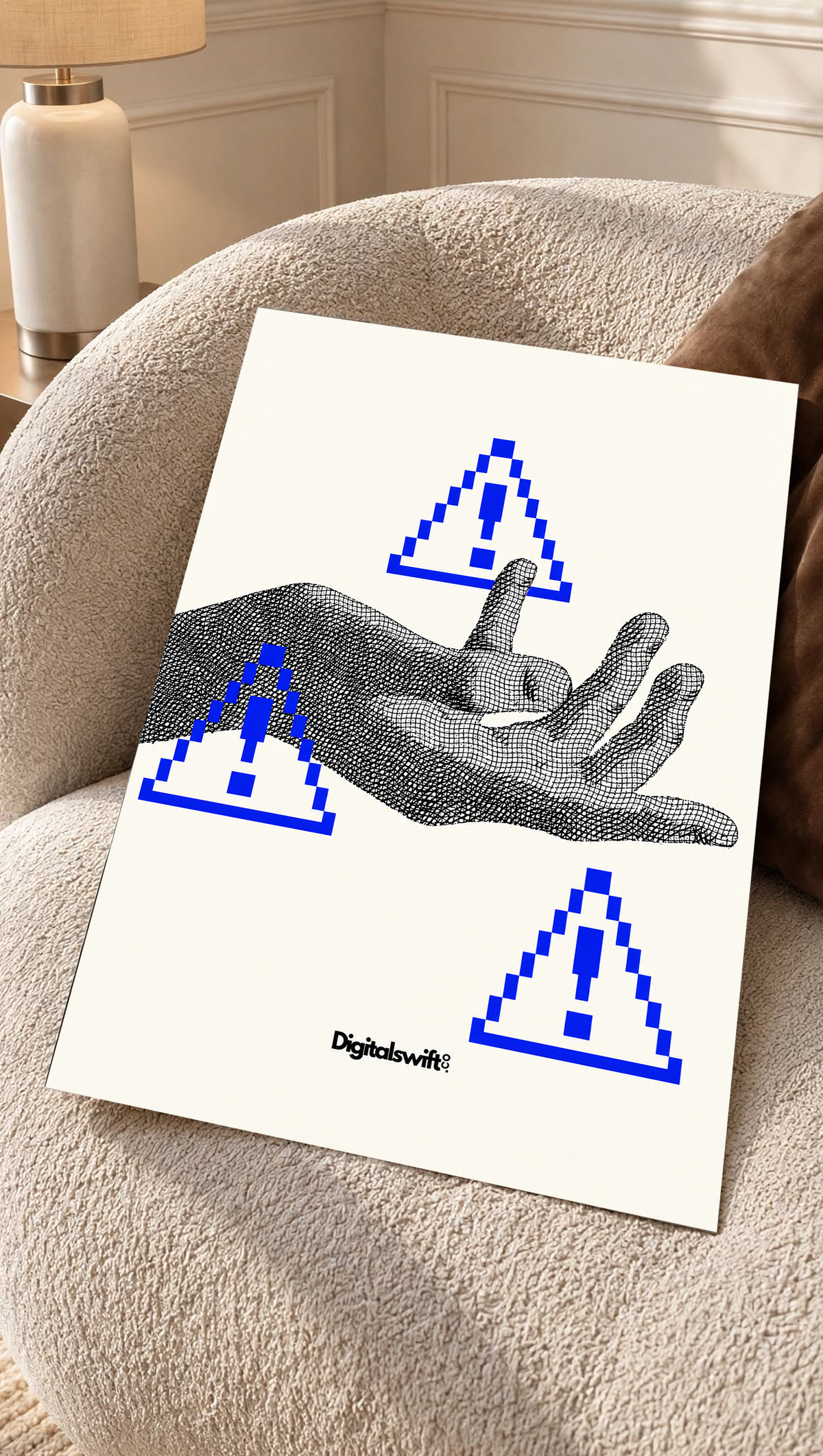 A monochrome halftone hand surrounded by three blue pixel warning triangles as an unframed poster resting on a cream woven chair