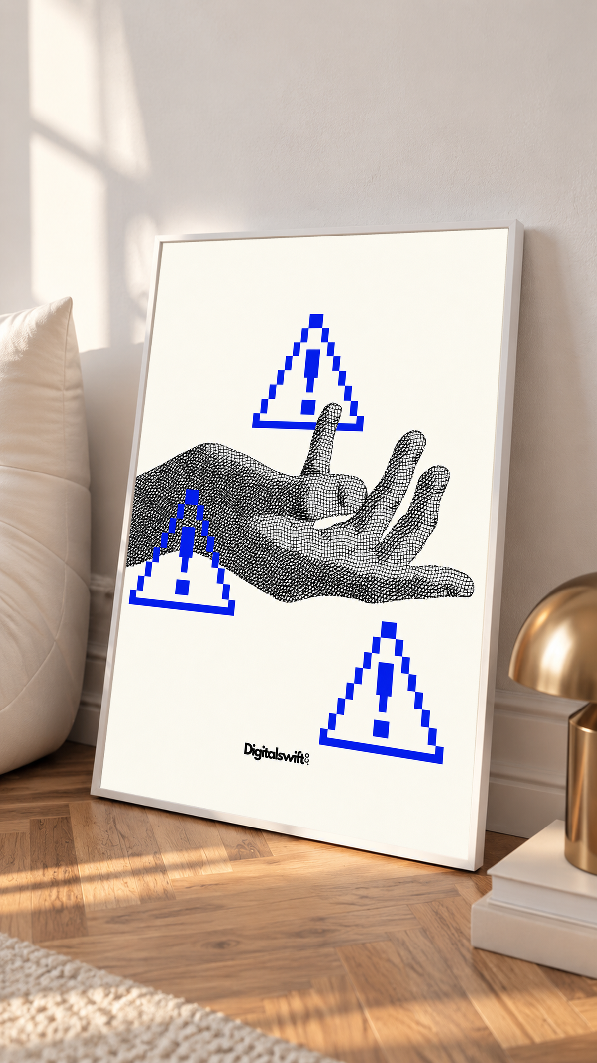 A monochrome halftone hand surrounded by three blue pixel warning triangles in a white frame on a sunlit floor beside a white cabinet