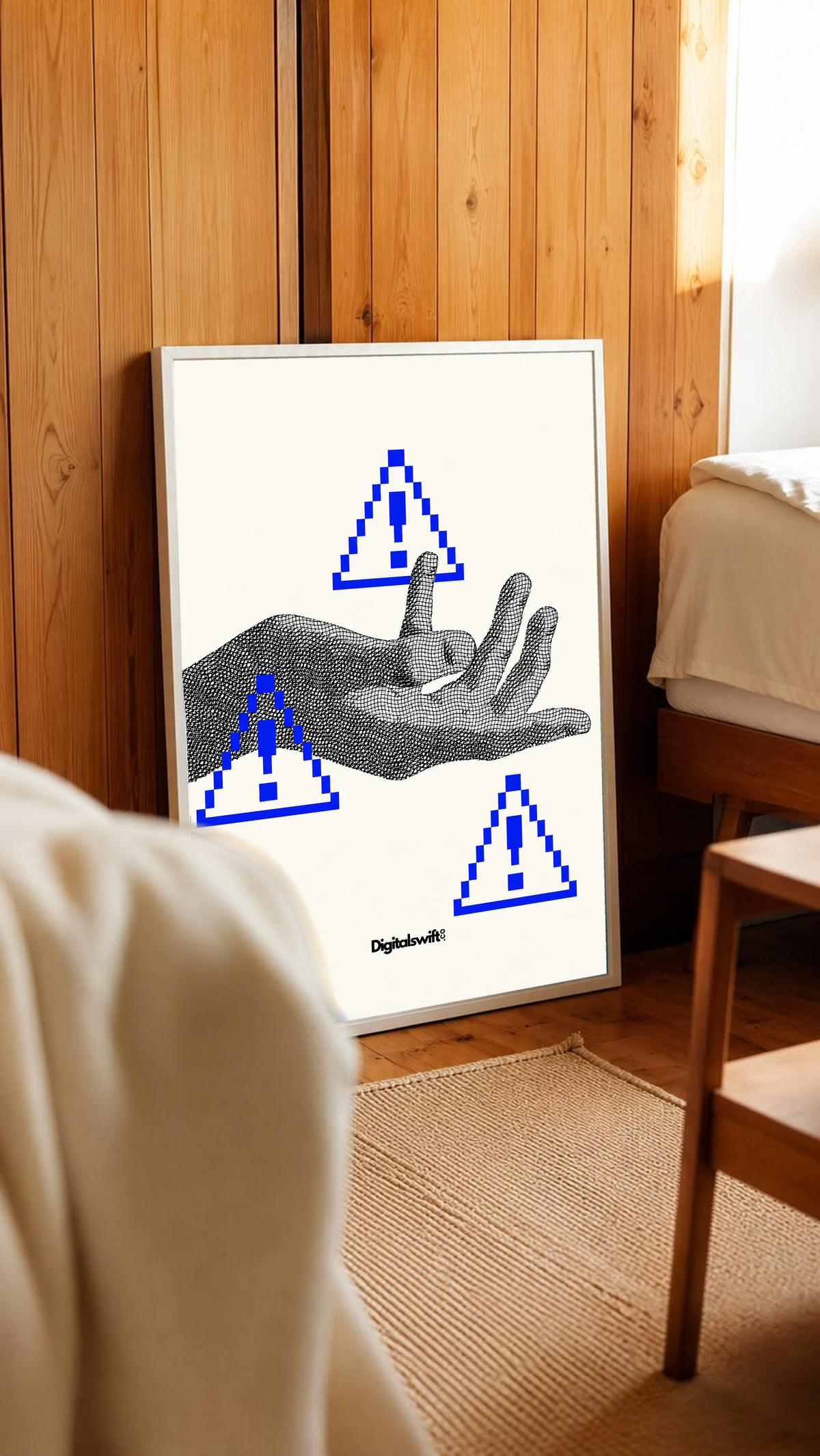 A monochrome halftone hand surrounded by three blue pixel warning triangles in a white frame leaning against warm wooden wall panels