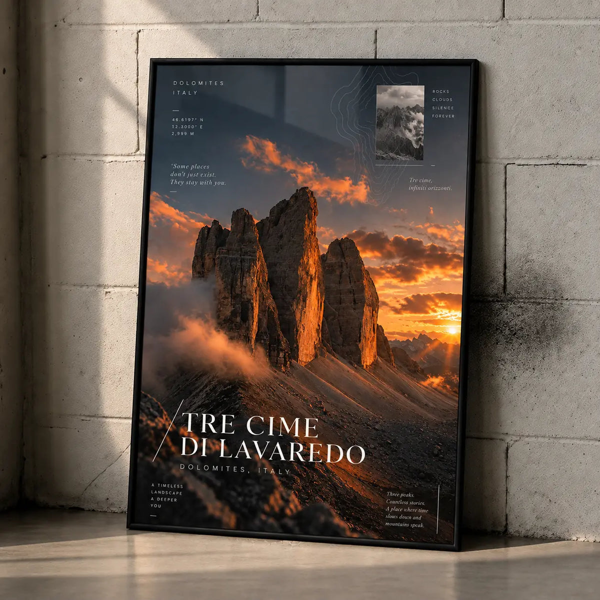 Tre Cime Art Print displayed in a modern interior with towering Italian mountain formations and a fiery alpine sky