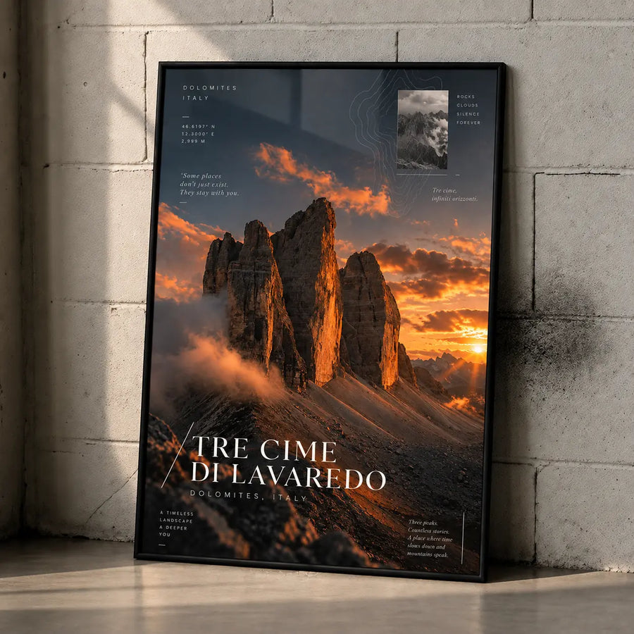 Tre Cime Art Print displayed in a modern interior with towering Italian mountain formations and a fiery alpine sky