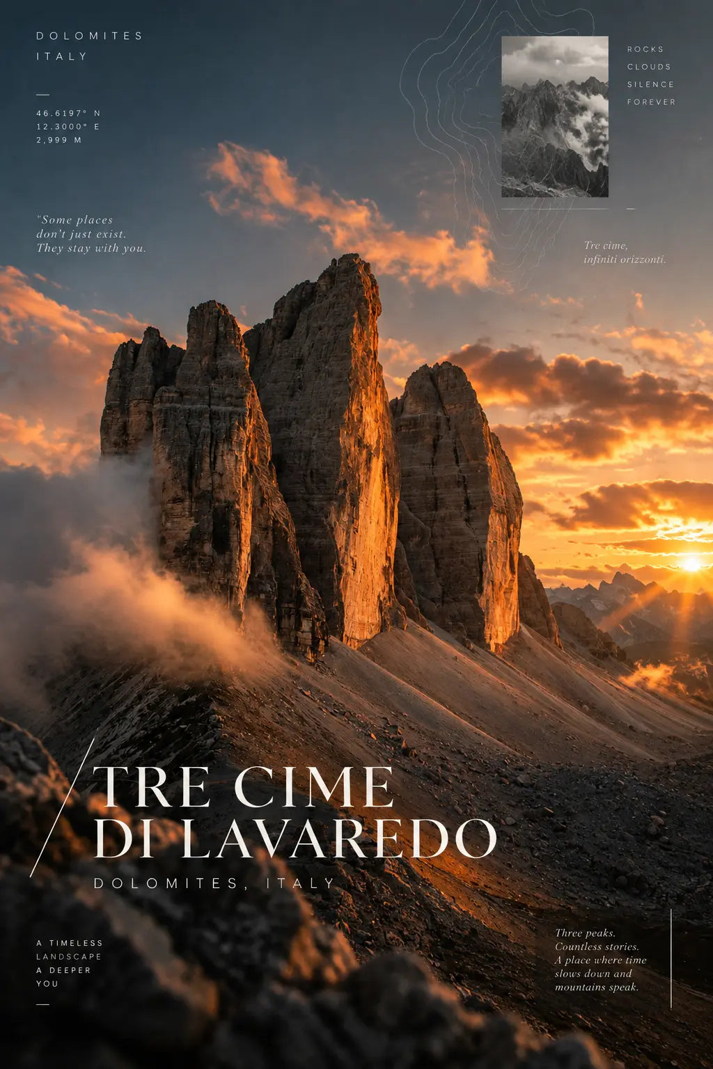 Tre Cime Art Print featuring the iconic Dolomites peaks illuminated by dramatic orange and golden sunset light