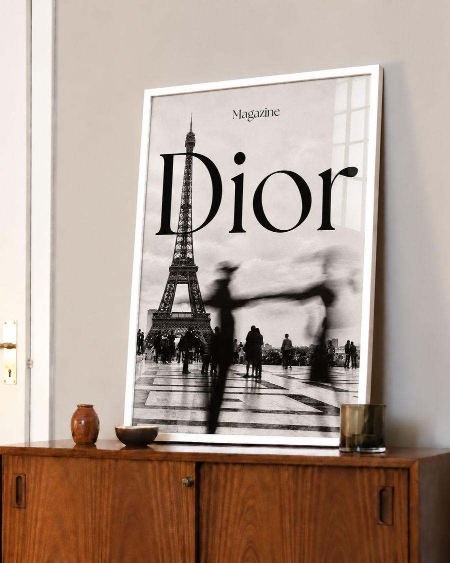 Framed Dior fashion wall art print with Eiffel Tower and Paris street scene